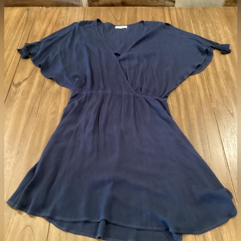 Anthropologie On The Road  Gauze Blue tassle short Sleeve Mini Dress small
